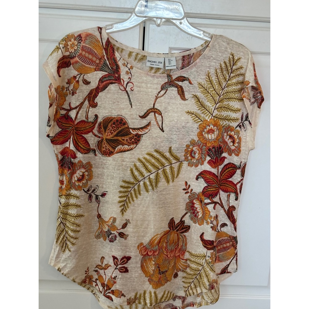 Rachel Zoe Women L Tan Floral Fern Print 100% Linen Short Sleeve Crew Neck Top